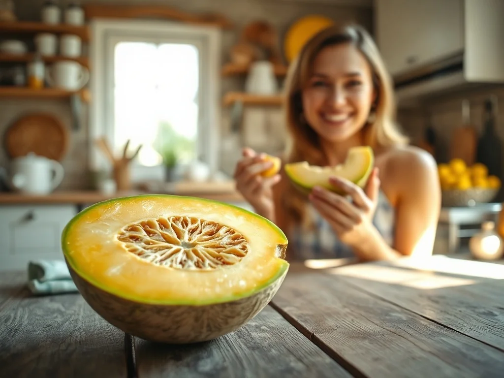 Pokrojony melon kantalupa na drewnianym stole w słonecznej kuchni, w tle uśmiechnięta kobieta jedząca świeży owoc.