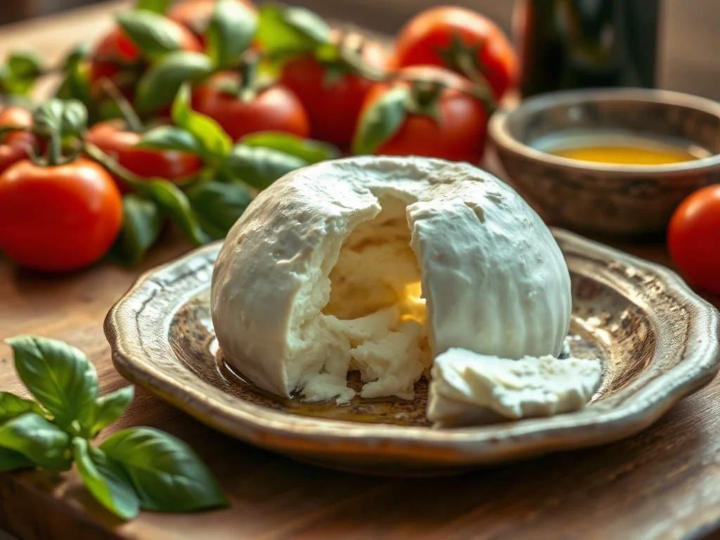 Świeża burrata przekrojona na talerzu, ukazująca kremowe wnętrze w otoczeniu bazylii, pomidorów i oliwy.