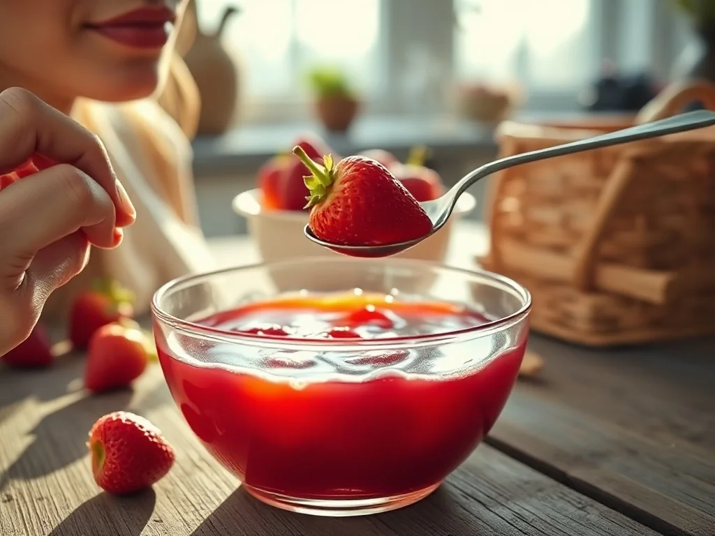 Kobieta trzyma łyżeczkę z truskawkowym kisielem w szklanej miseczce, przygotowując się do degustacji w słonecznej kuchni.