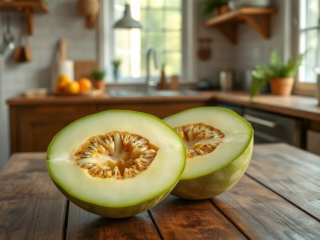 Przekrojony melon galia z soczystym, jasnozielonym miąższem na rustykalnym drewnianym stole w słonecznej kuchni.