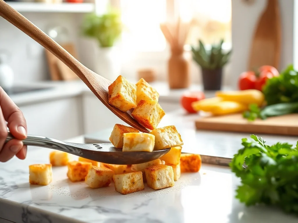 Osoba smaży złociste kostki tofu na patelni w jasnej kuchni z warzywami w tle.