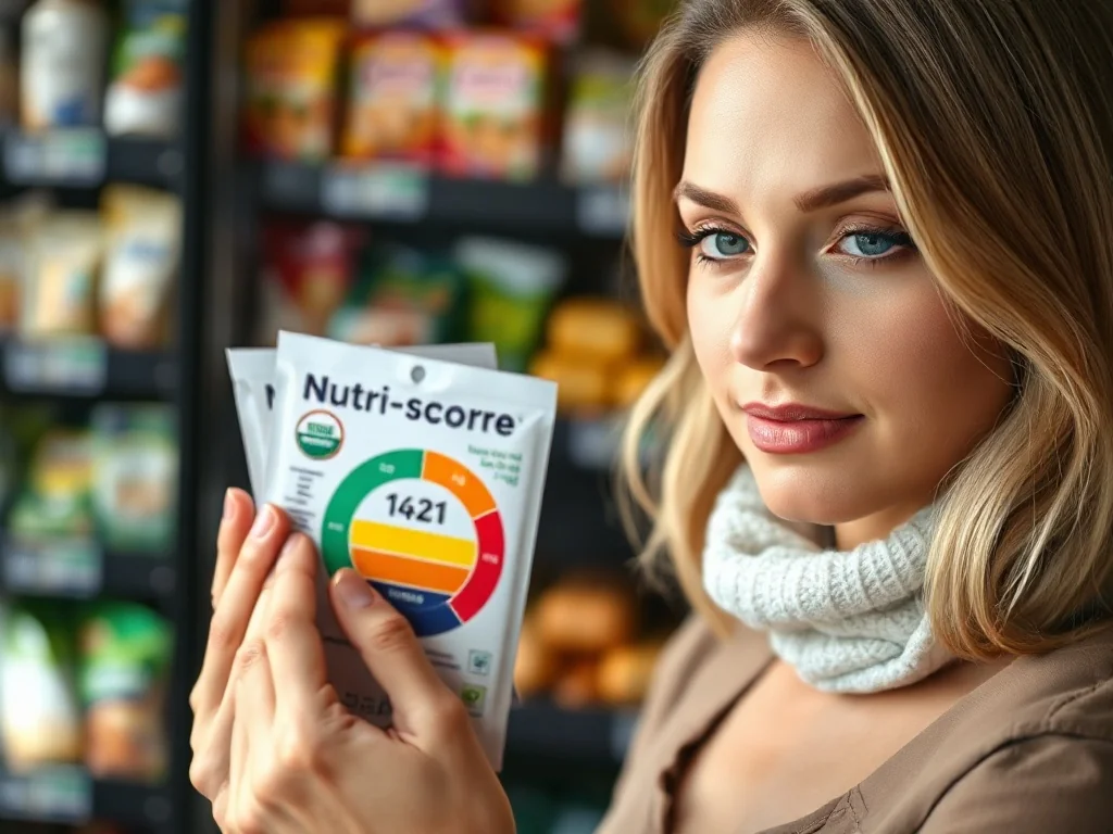 Kobieta w sklepie spożywczym analizuje etykietę Nutri-score na opakowaniu produktu, sprawdzając jego wartość odżywczą.