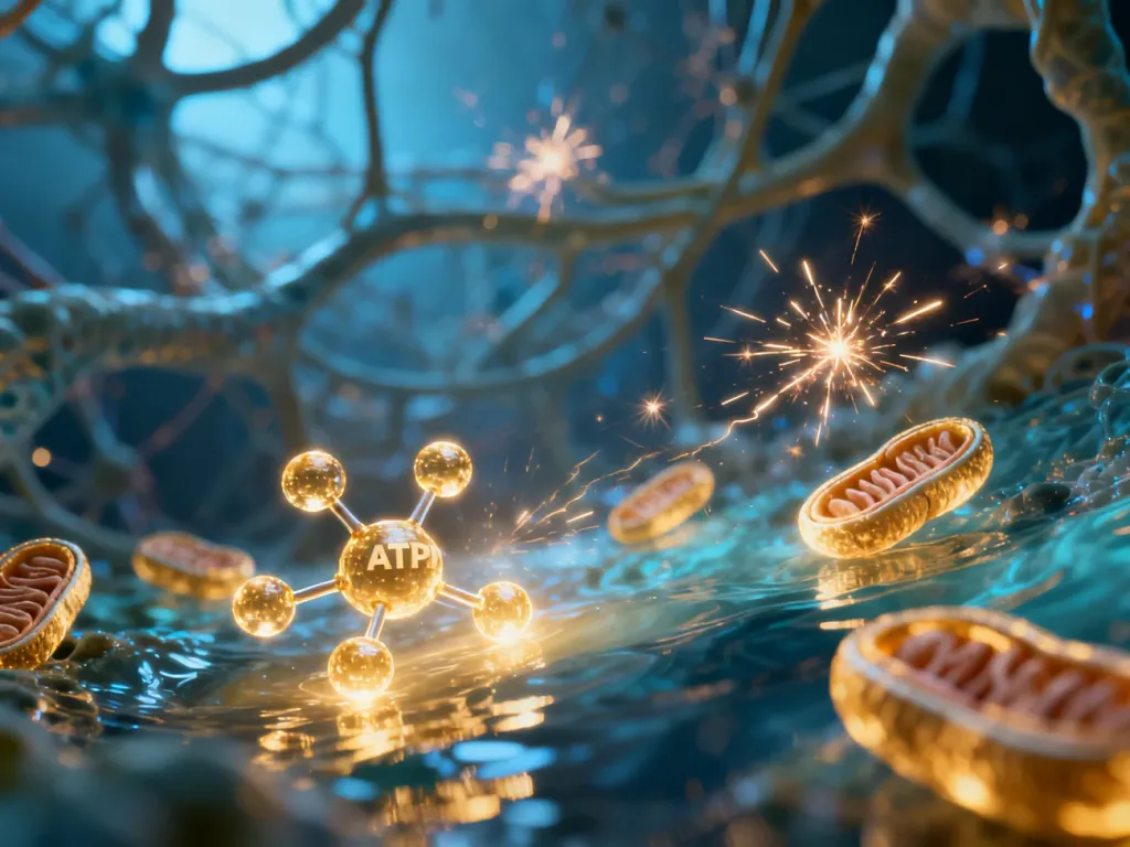 Wizualizacja 3D przedstawiająca procesy metaboliczne w komórce, w tym cząsteczki ATP i mitochondria podczas produkcji energii.