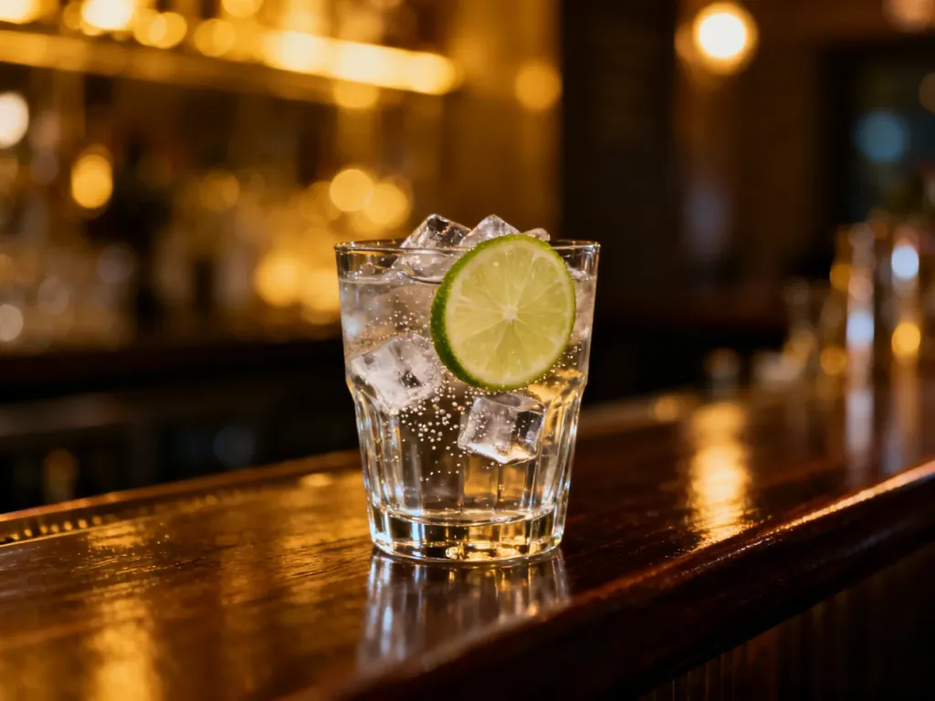 Kryształowa szklanka z przezroczystym alkoholem, lodem i limonką na drewnianym barze w nastrojowym oświetleniu.