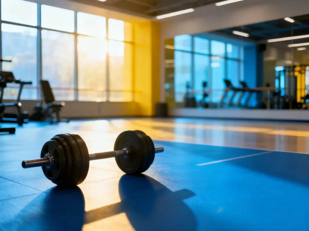 Profesjonalny sprzęt sportowy na podłodze nowoczesnej siłowni w świetle poranka, zachęcający do aktywności fizycznej.
