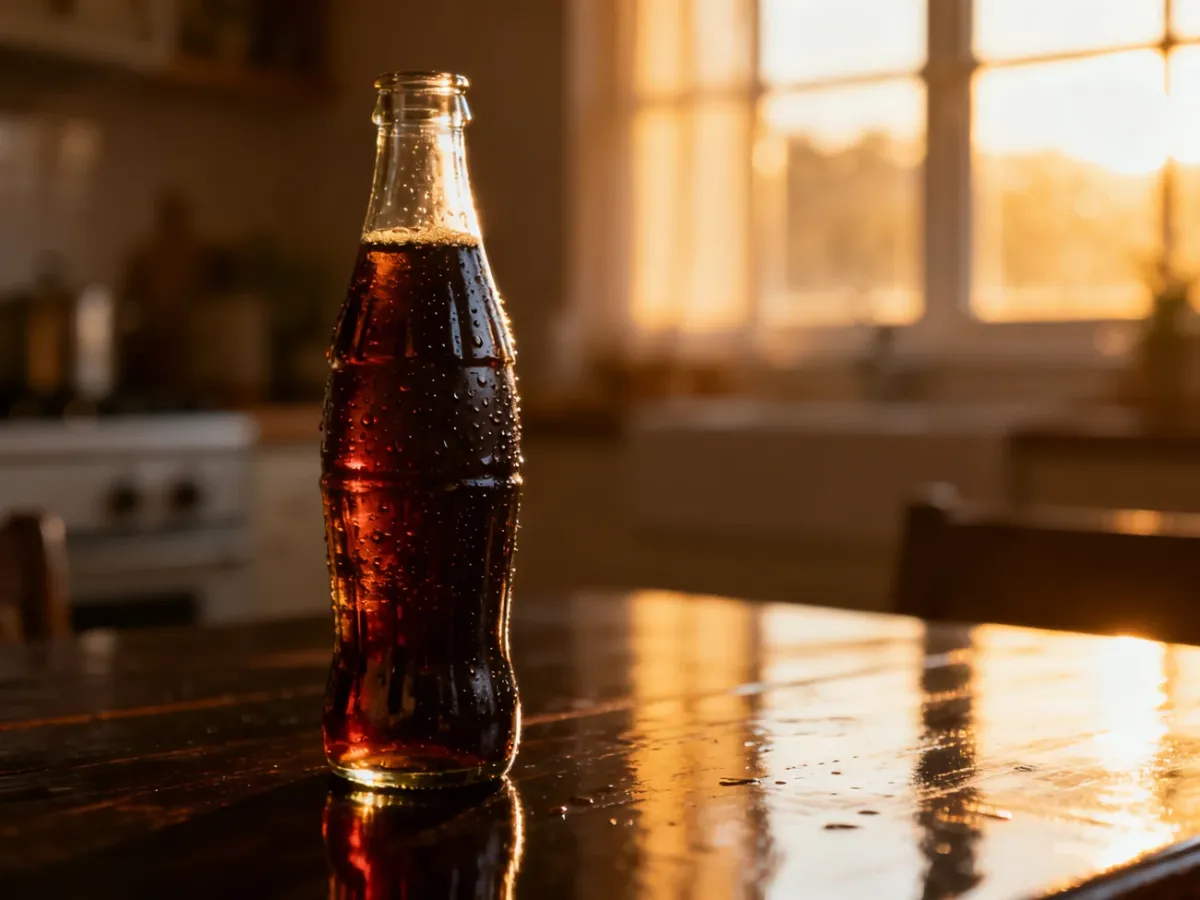 Szklana butelka coli z kroplami rosy na ciemnym, drewnianym stole w przytulnej kuchni.