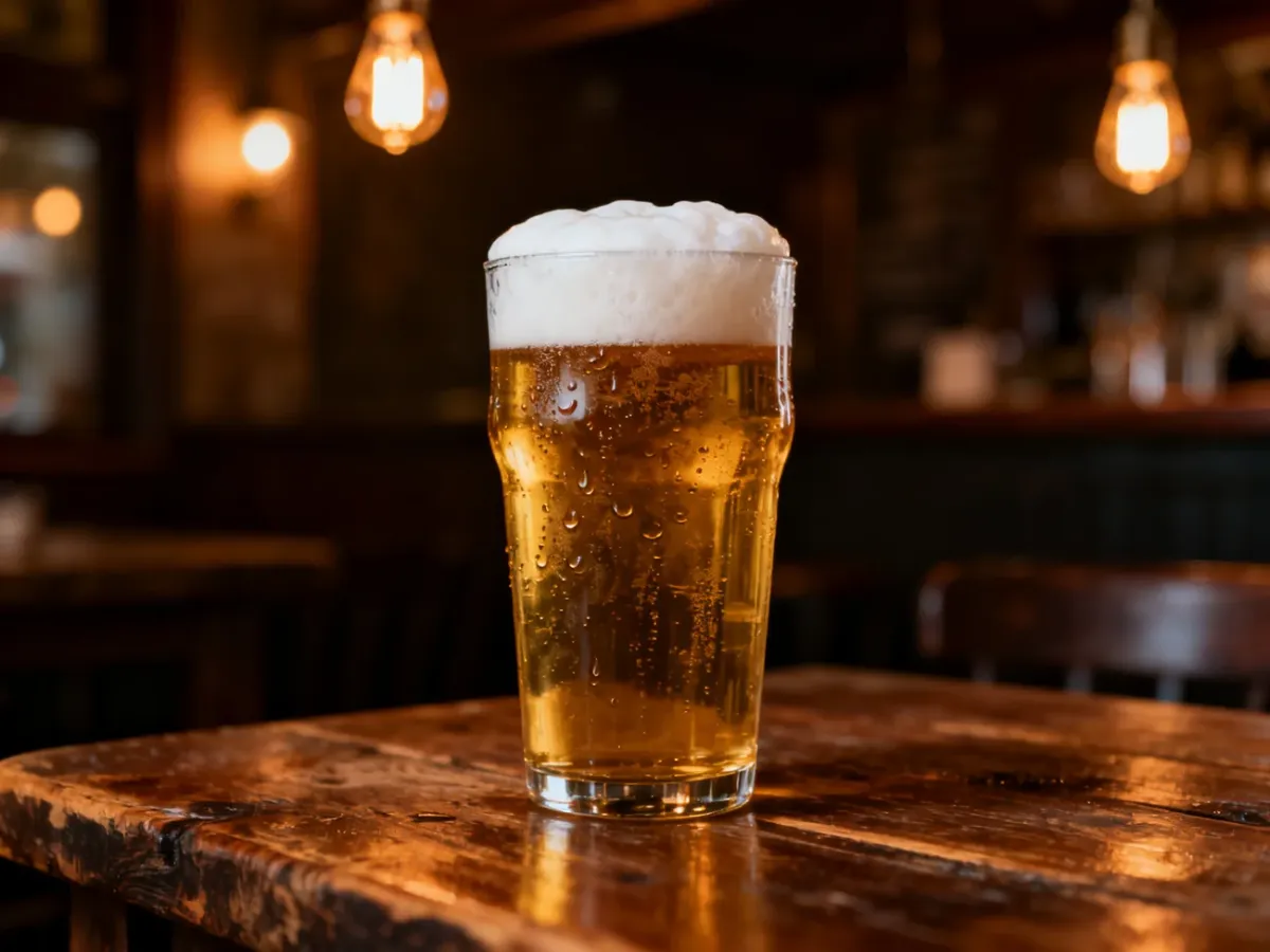 Szklanka zimnego piwa typu lager z gęstą pianą na drewnianym stole w przytulnym pubie.