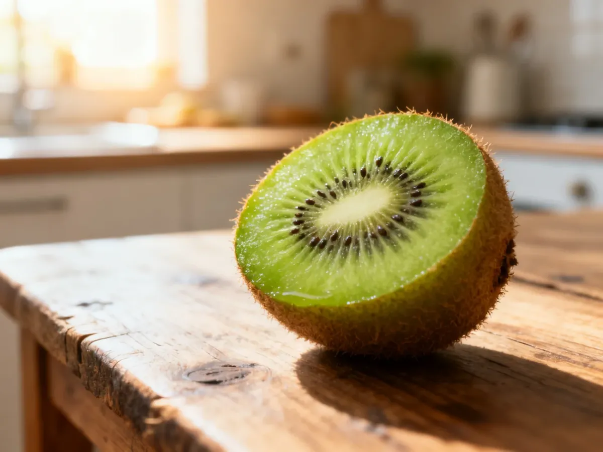 Przekrojony owoc kiwi na drewnianym stole, ukazujący soczysty, zielony miąższ z czarnymi pestkami.