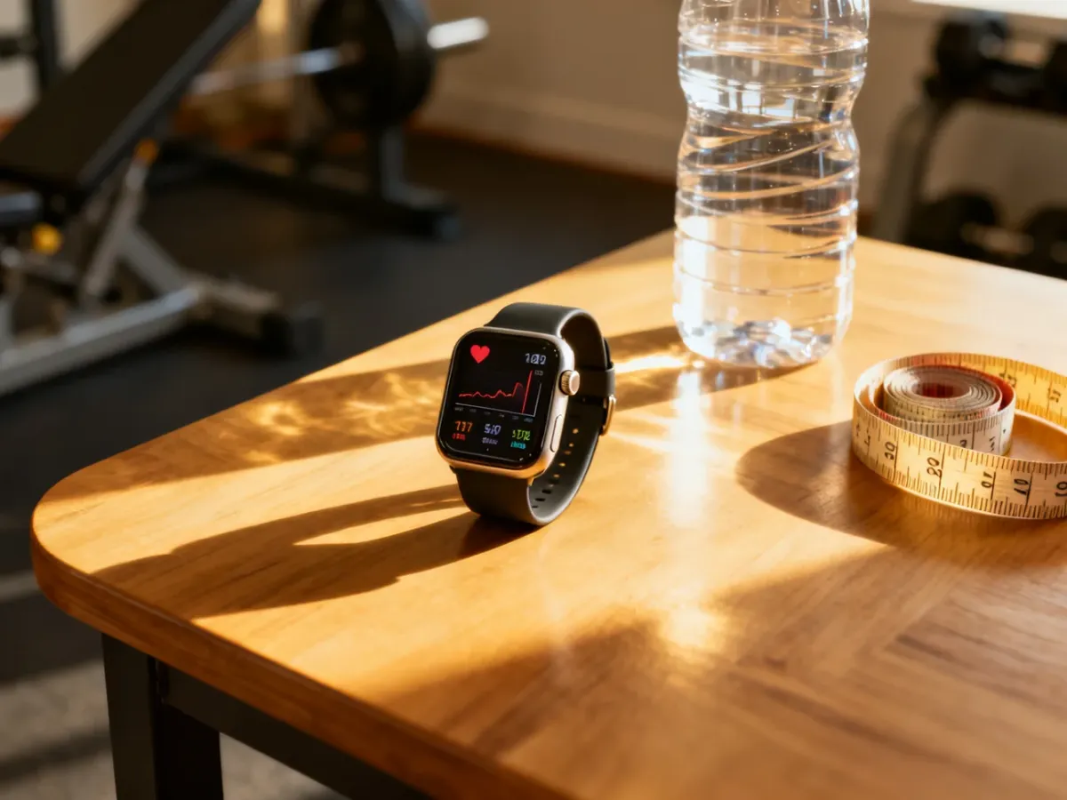 Nowoczesny smartwatch wyświetlający dane o tętnie i spalonych kaloriach obok butelki wody i taśmy mierniczej.