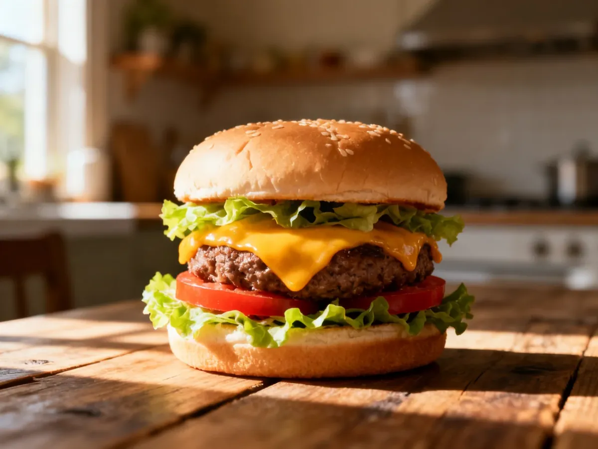 Apetyczny cheeseburger z roztopionym serem, sałatą i pomidorem na drewnianym stole w kuchni.
