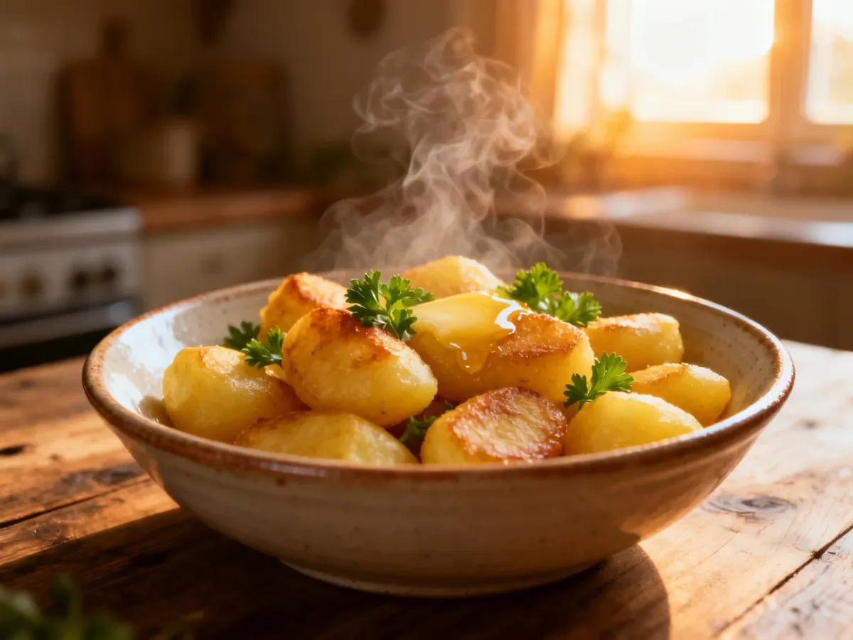 Parująca miska świeżo ugotowanych kopytek z masłem i natką pietruszki na rustykalnym drewnianym stole.