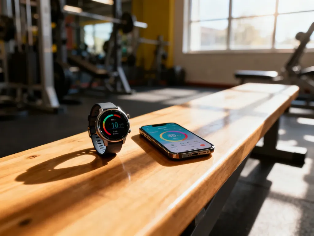 Nowoczesny zegarek sportowy i smartfon z aplikacją do liczenia kalorii na drewnianej ławce w siłowni.