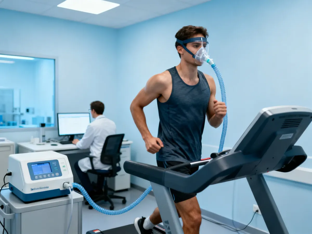 Sportowiec wykonujący test wysiłkowy w masce podłączonej do analizatora oddechu