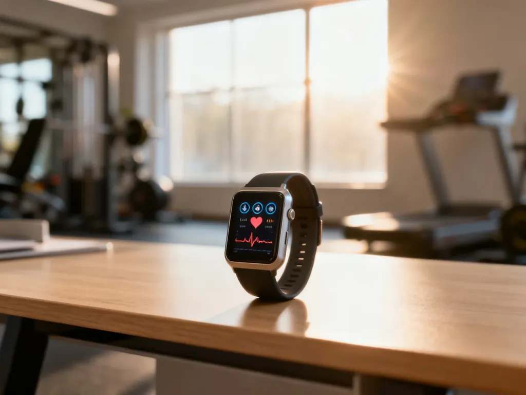 Nowoczesny tracker fitness z danymi biometrycznymi na biurku, symbolizujący pomiar wydatku energetycznego podczas treningu.