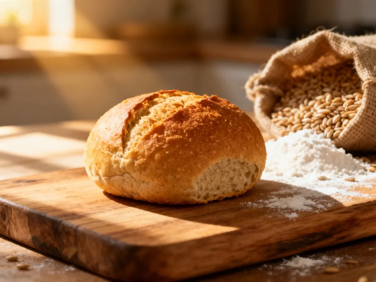 Świeża, chrupiąca grahamka na drewnianej desce w słonecznej kuchni.
