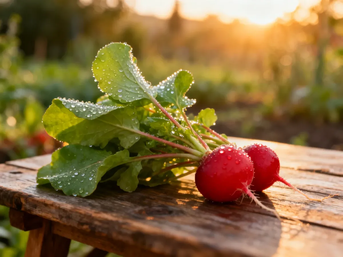 Świeża rzodkiewka z kroplami rosy na drewnianym stole w ogrodzie, podkreślająca jej naturalną świeżość i zdrowy charakter.