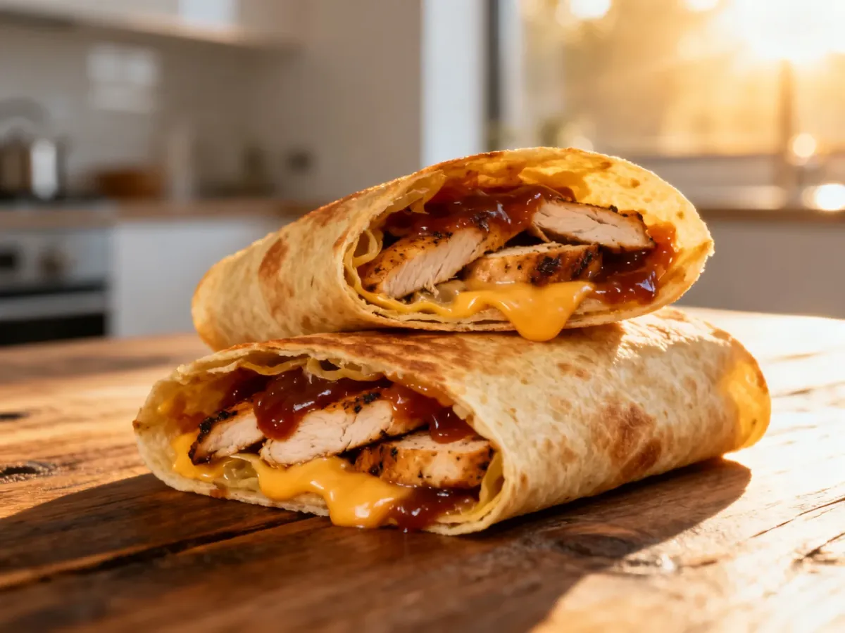 Przekrojone na pół Qurrito z KFC z widocznym grillowanym kurczakiem, roztopionym serem i sosem BBQ na drewnianym stole.