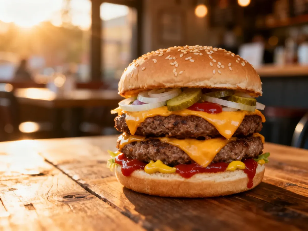 Apetyczny cheeseburger z dwoma kotletami wołowymi i roztopionym serem na drewnianym stole.
