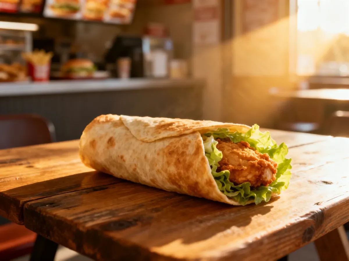 Apetyczny Twister z KFC z chrupiącym kurczakiem i świeżą sałatą, podany na rustykalnym drewnianym stole.