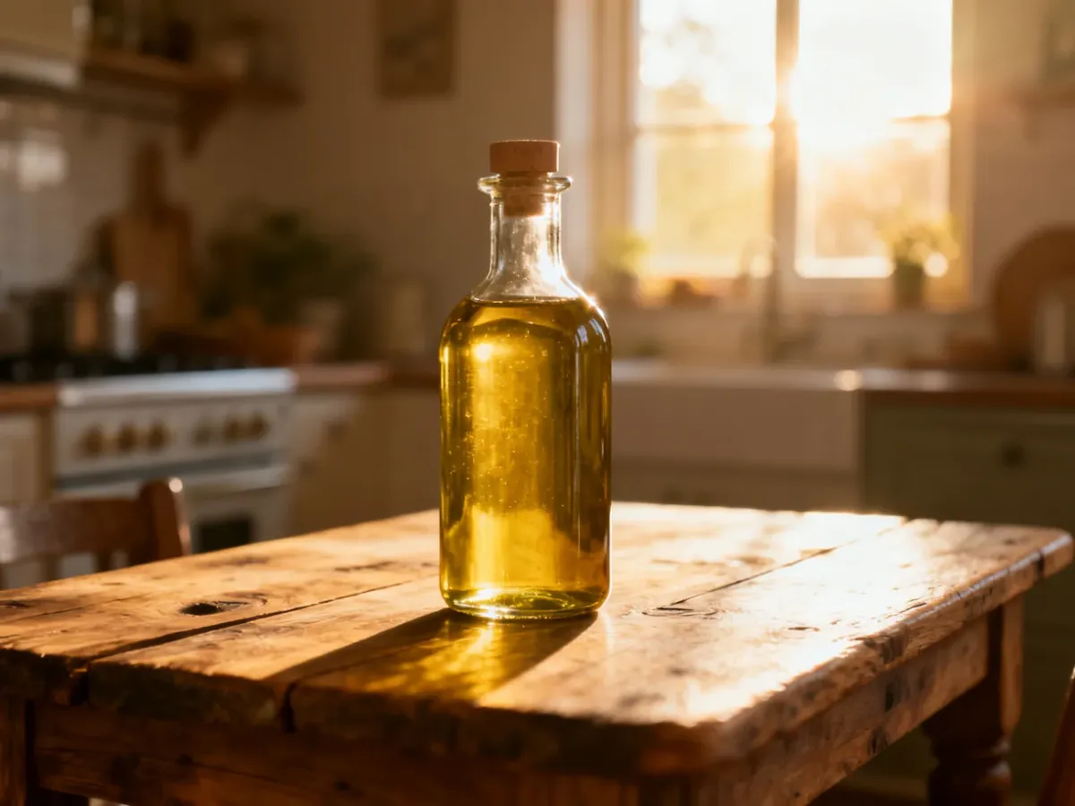 Szklana butelka oliwy z oliwek na drewnianym stole w słonecznej kuchni, podkreślająca naturalność produktu.