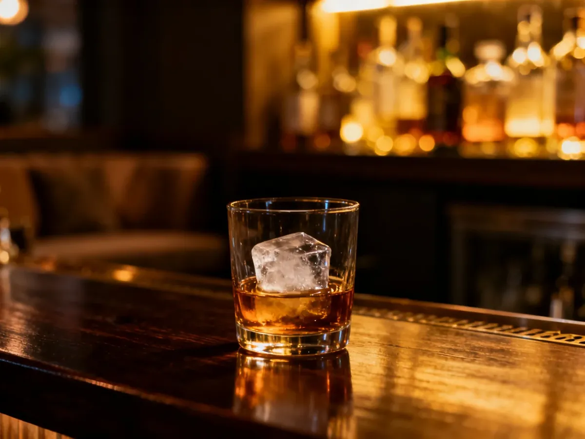Szklanka whisky z lodem na drewnianym barze w przytulnym, nastrojowym wnętrzu.