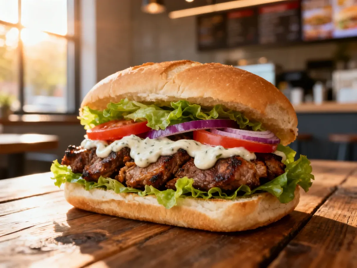 Apetyczny kebab w chrupiącej bułce z grillowanym mięsem i świeżymi warzywami na drewnianym stole.