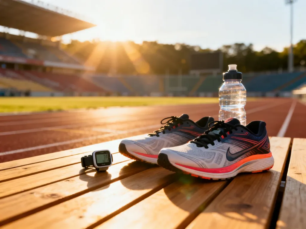 Profesjonalny sprzęt sportowy, w tym buty do biegania i pulsometr, na bieżni w słoneczny dzień.