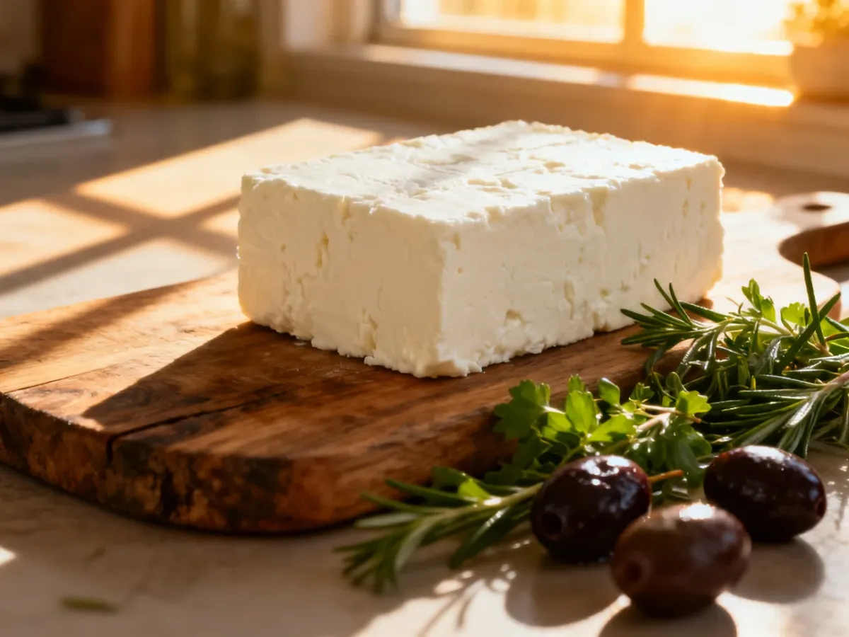 Kawałek sera feta na drewnianej desce w otoczeniu oliwek i świeżych ziół w słonecznej kuchni.