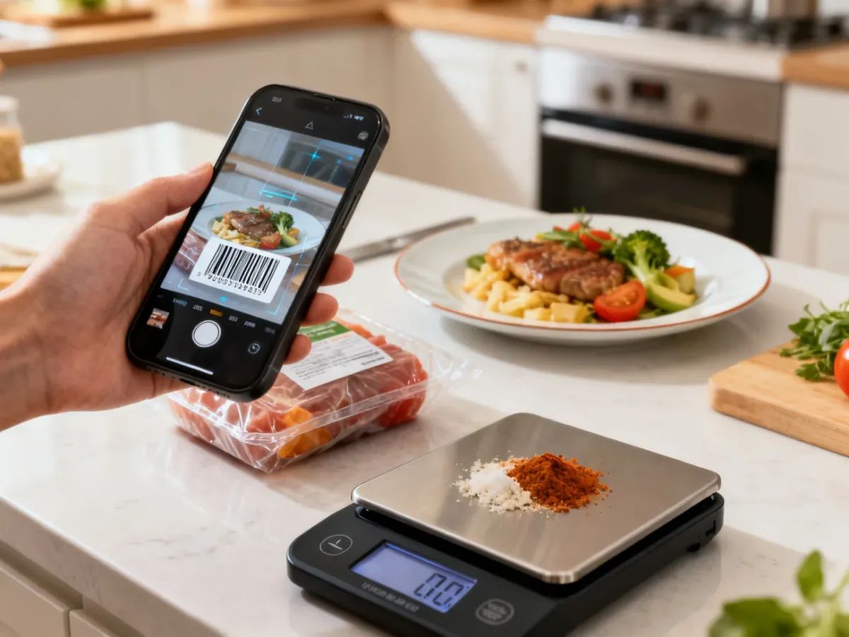 Smartphone, meal, barcode package and kitchen scale illustrating calorie-counting methods