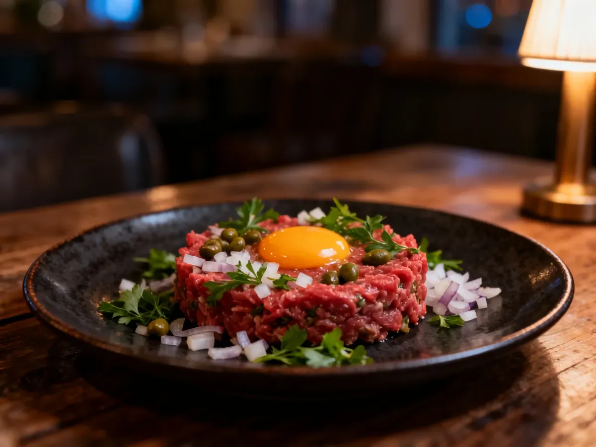 Klasyczny tatar wołowy z żółtkiem, kaparami i cebulą podany na ciemnym talerzu w restauracyjnej scenerii.