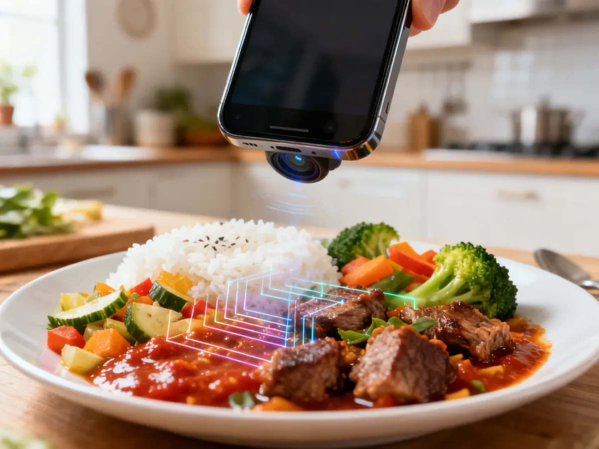 Smartphone analyzing a mixed meal for ingredients and portion size