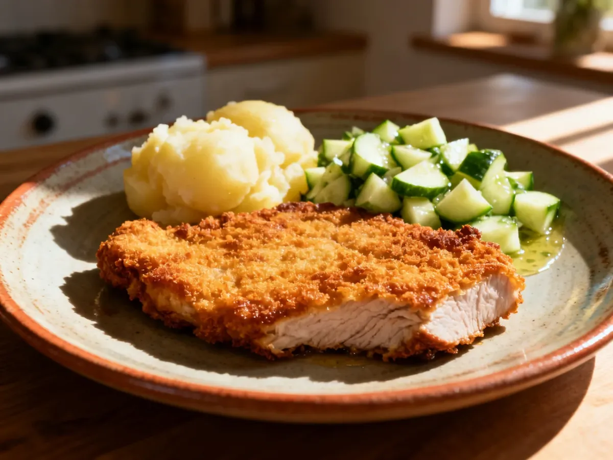 Tradycyjny kotlet schabowy z gotowanymi ziemniakami i mizerią na rustykalnym talerzu.