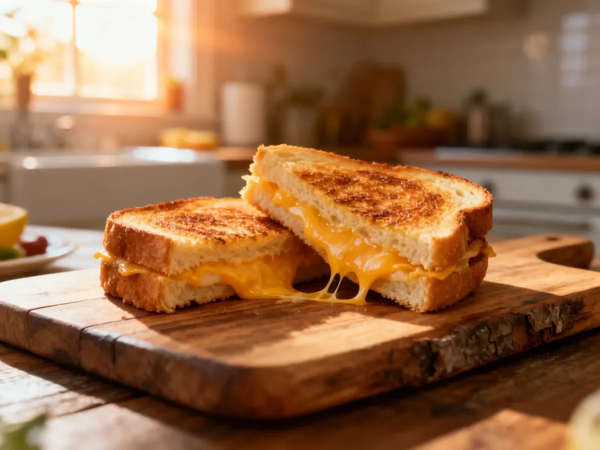 Przekrojony na pół chrupiący tost z ciągnącym się serem na drewnianej desce w słonecznej kuchni.