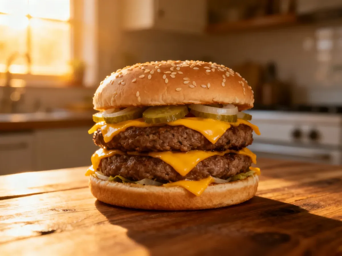 Apetyczny podwójny cheeseburger z wołowiną, serem i ogórkiem na drewnianym stole w ciepłym świetle poranka.