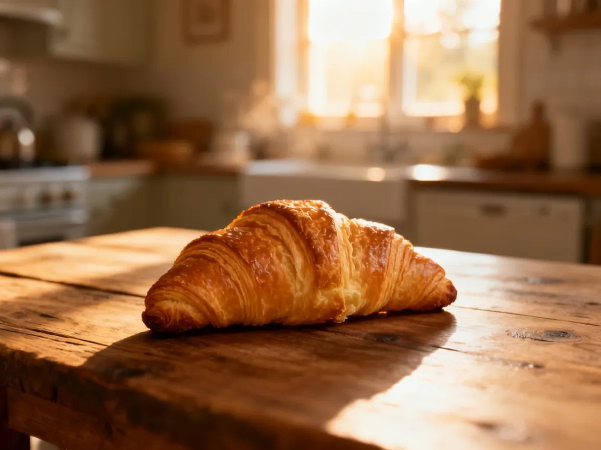 Złocisty, maślany croissant leżący na rustykalnym drewnianym stole w promieniach porannego słońca.